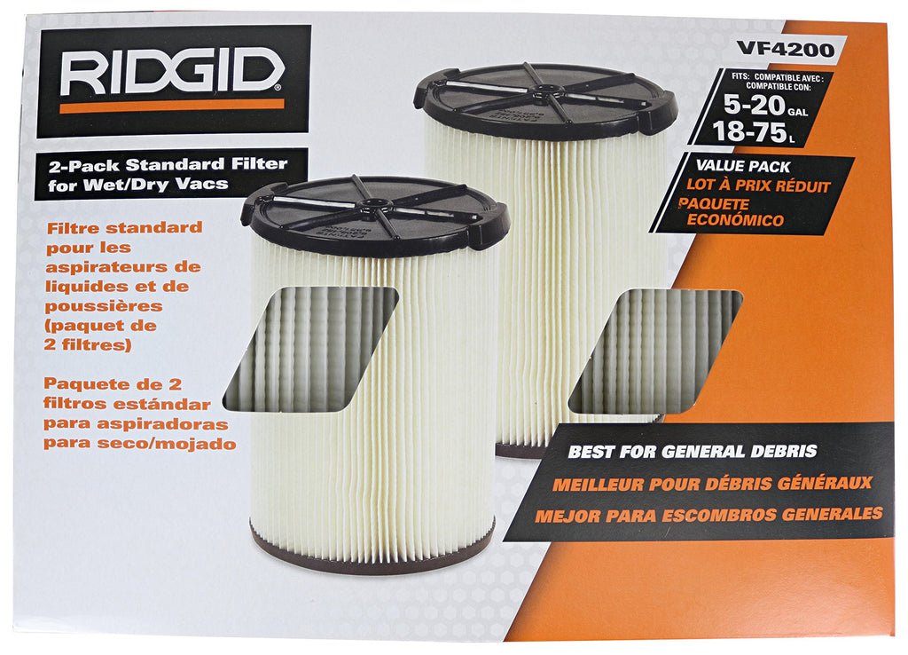 Ridgid VF4200 Genuine Replacement 1-Layer Everyday Dirt Wet/Dry Vac Filter for Ridgid 5-20 Gallon Vacuums (2 pack VF4000)