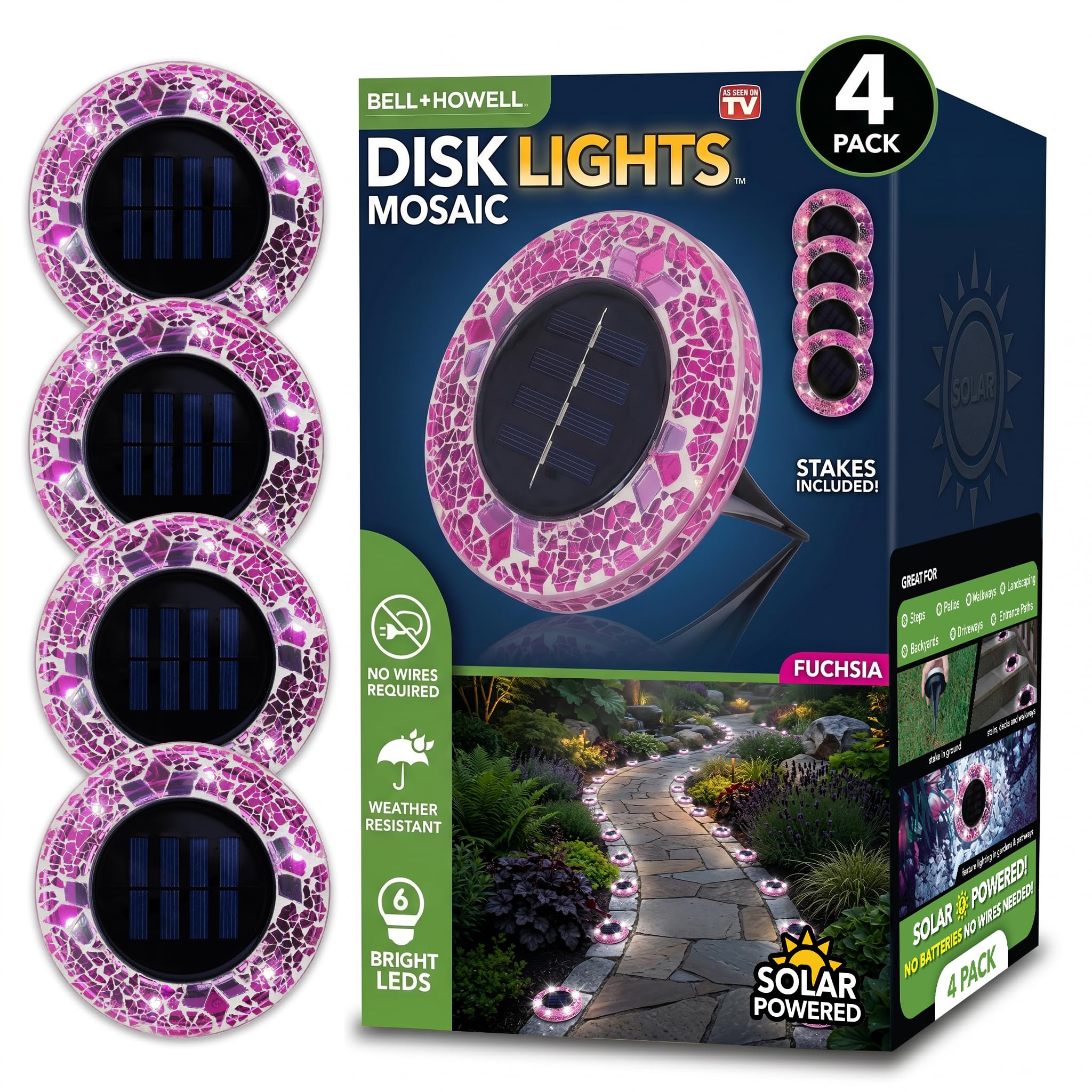 Bell+Howell 4 Pk Mosaic LED Solar Lights Outdoor Disk Pathway Lights for Landscape, Yard, Driveway, Patio, Walkway Path, Dusk to Dawn Sensors - Rose Pink