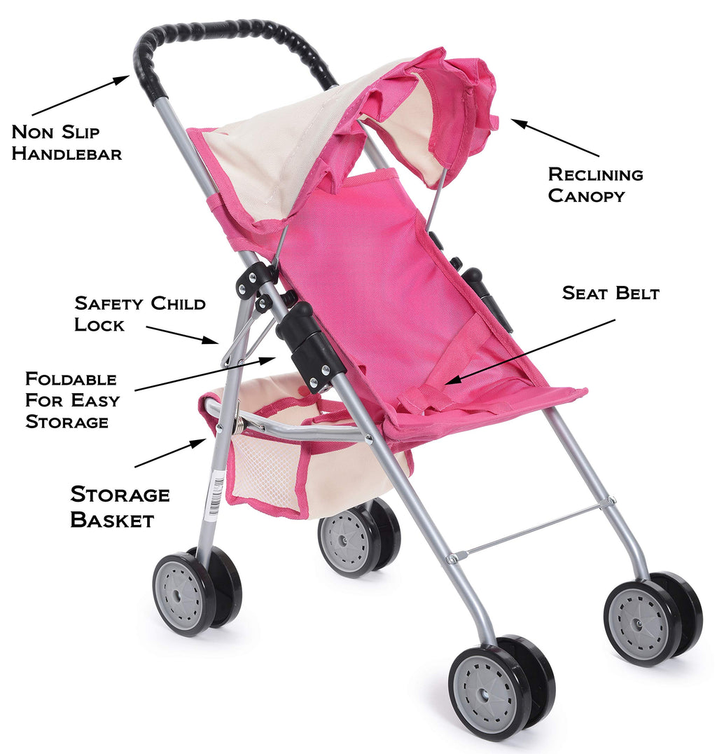 fash n kolor My First Doll Stroller with Basket - Pink Off-White Foldable Doll Stroller - Fits Upto 18" Dolls, 2 Free Magic Bottles Included