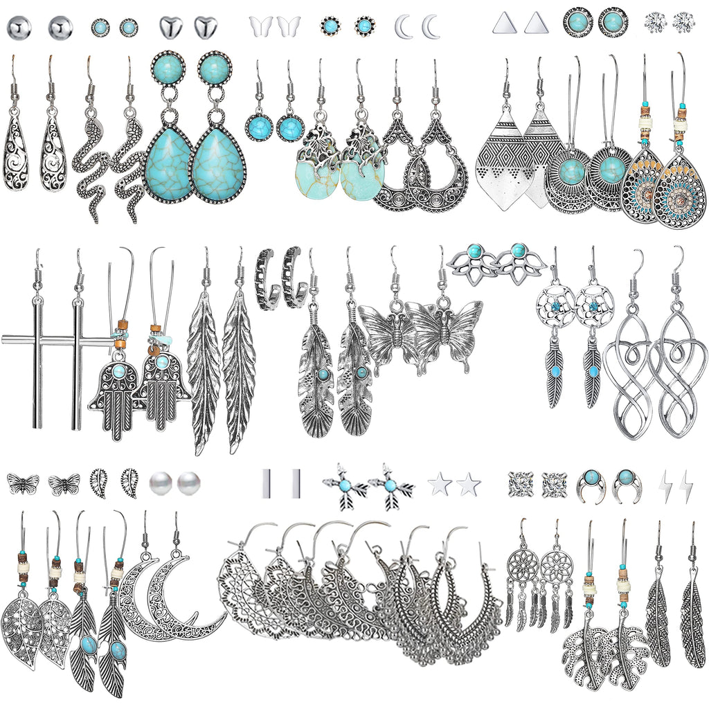 45 Pairs Big Vintage Silver Turquoise Drop Dangle Earrings Set for Women