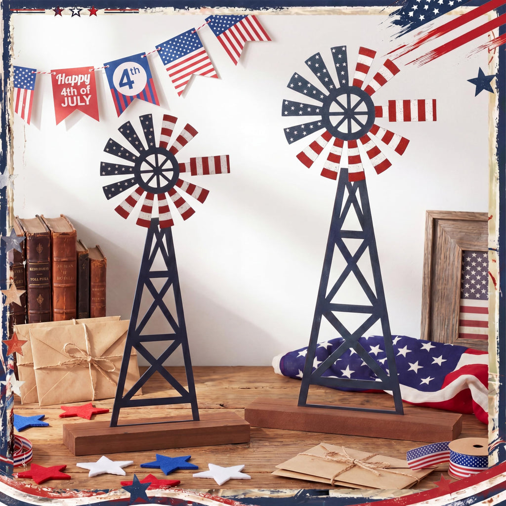 Tandefio 2 Pcs 11.8 Inch Metal Patriotic Farmhouse Windmill Tabletop Decor