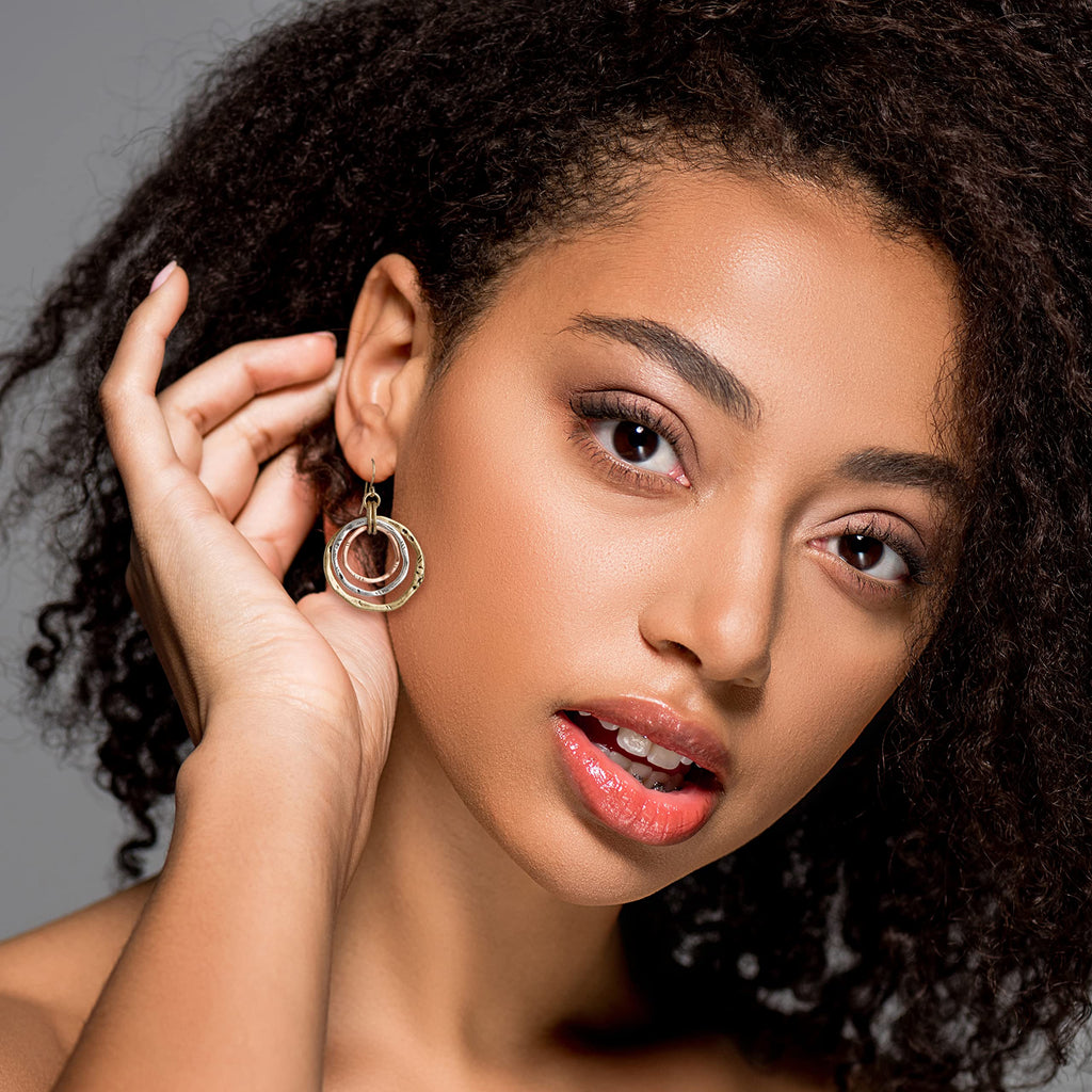 SPUNKYsoul 3 Circle Earrings for Women - Handmade, Lightweight 2-Inch Dangle - Bohemian Earrings - Trendy, Vintage, Unique Jewelry - Ideal for Weddings & Gifting - 3-toned(Gold, Silver, Copper)