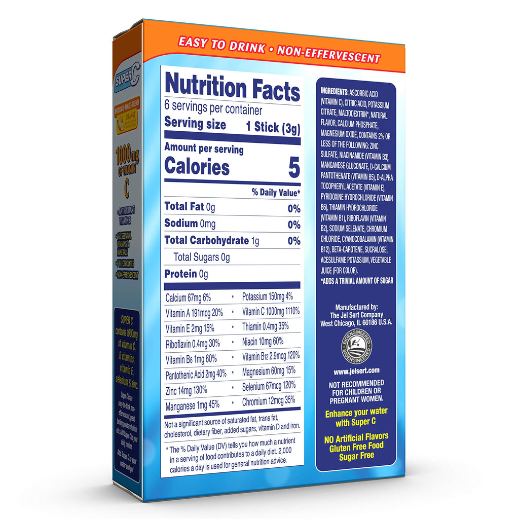Super C Vitamin & Mineral Drink Mix, Orange, 6 CT Singles To Go, Pack Of 12 (72 Total Packets)