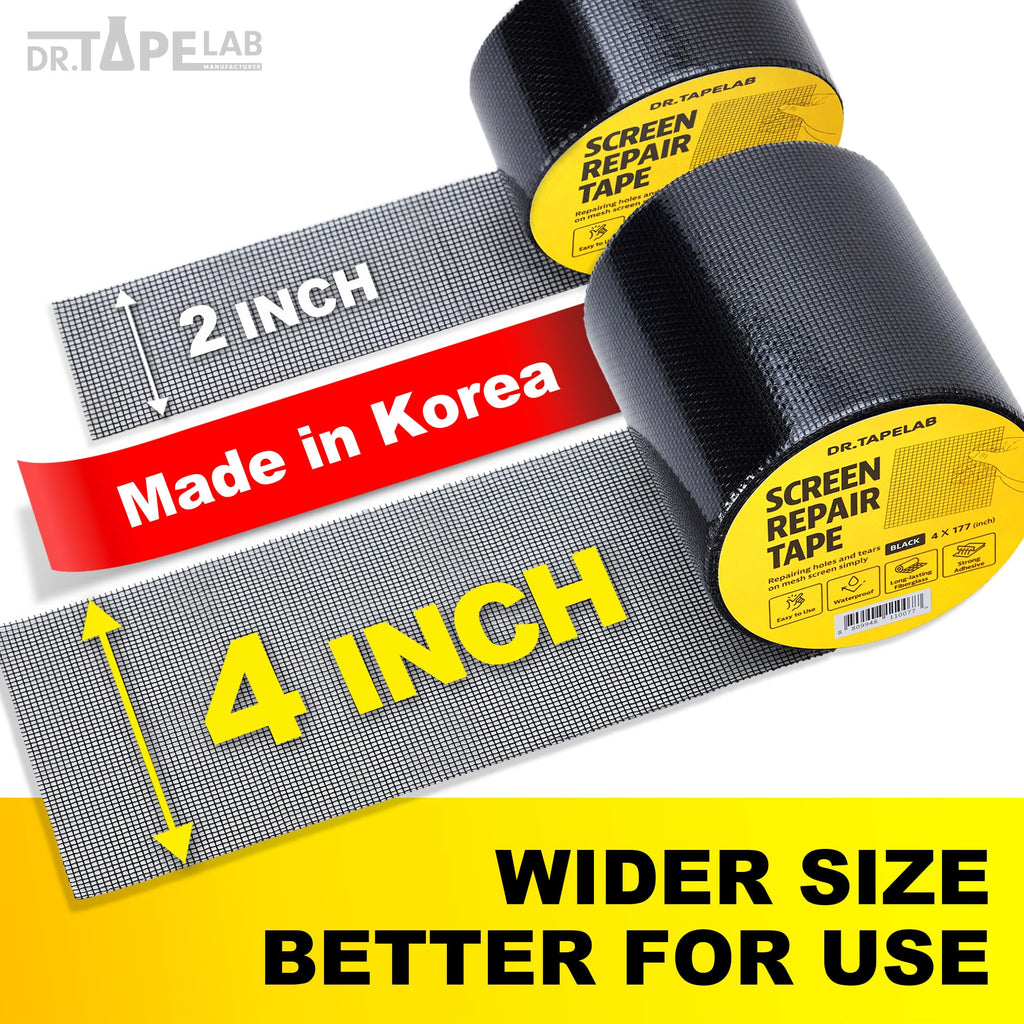 DR.TAPELAB, Black Window Screen Repair Tape, 4 in X 15 FT, Screen Repair Kit for Windows or Doors, Strong Adhesive Patch Kit Fiberglass Mesh Tape