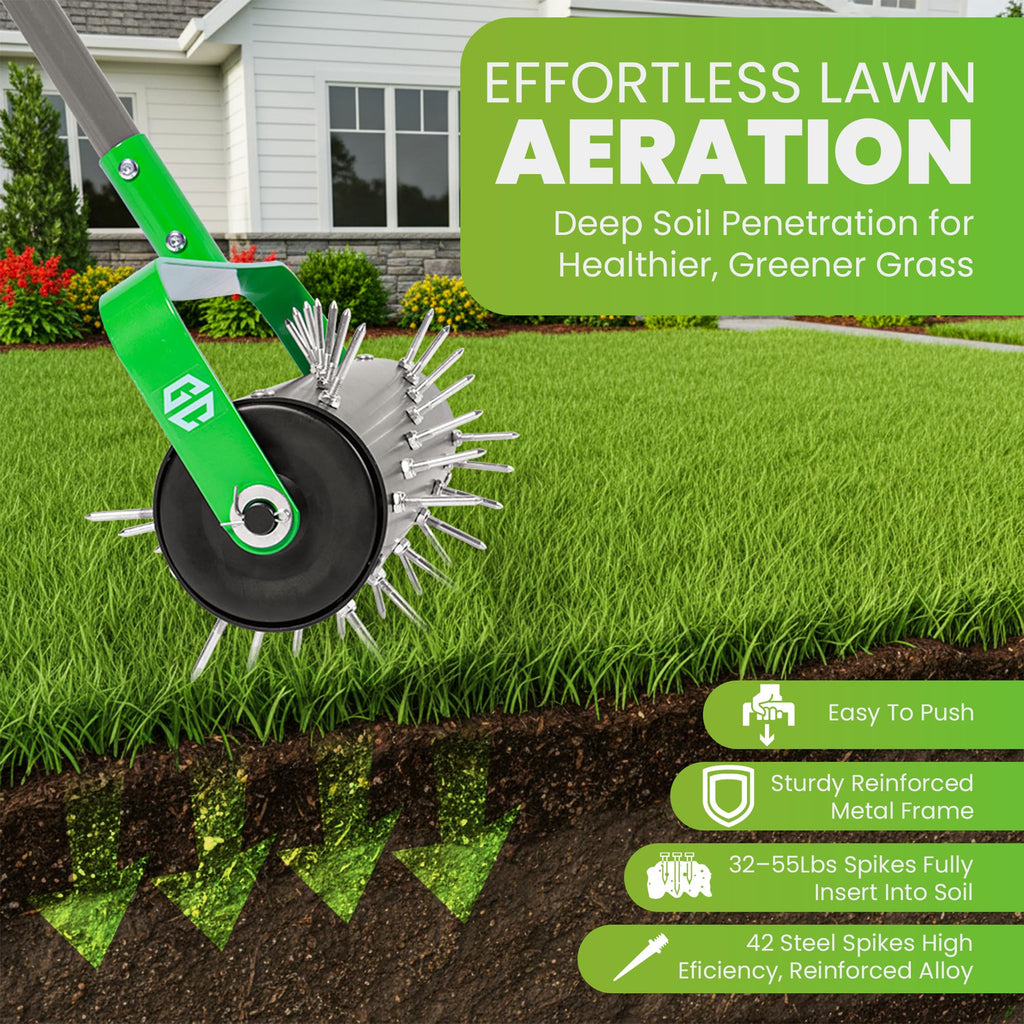 Manual Lawn Aerator Roller Tool, Heavy-Duty Rolling Lawn Aerator, 42 Pre-Attached Steel Spikes, 57 Inch Adjustable Height, Fillable Weighted Drum, 2 Inch Soil Penetrator for Lawn, Garden & Yard Care
