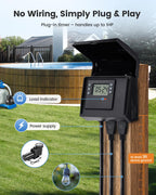 SURAIELEC Digital Pool Timer for Above Ground Pools, NEMA 5-15R Plug-in Timer with Dual Outlets, 15A 125V 1HP, Programmable 7-Day Schedule, Weatherproof Cover, for Pool Pumps, Lights and Salt Systems