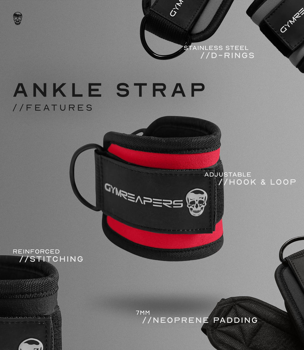 Gymreapers Ankle Straps (Pair) For Cable Machine Kickbacks, Glute Workouts, Lower Body Exercises - Adjustable Leg Straps with Neoprene Padding (Red, Pair)