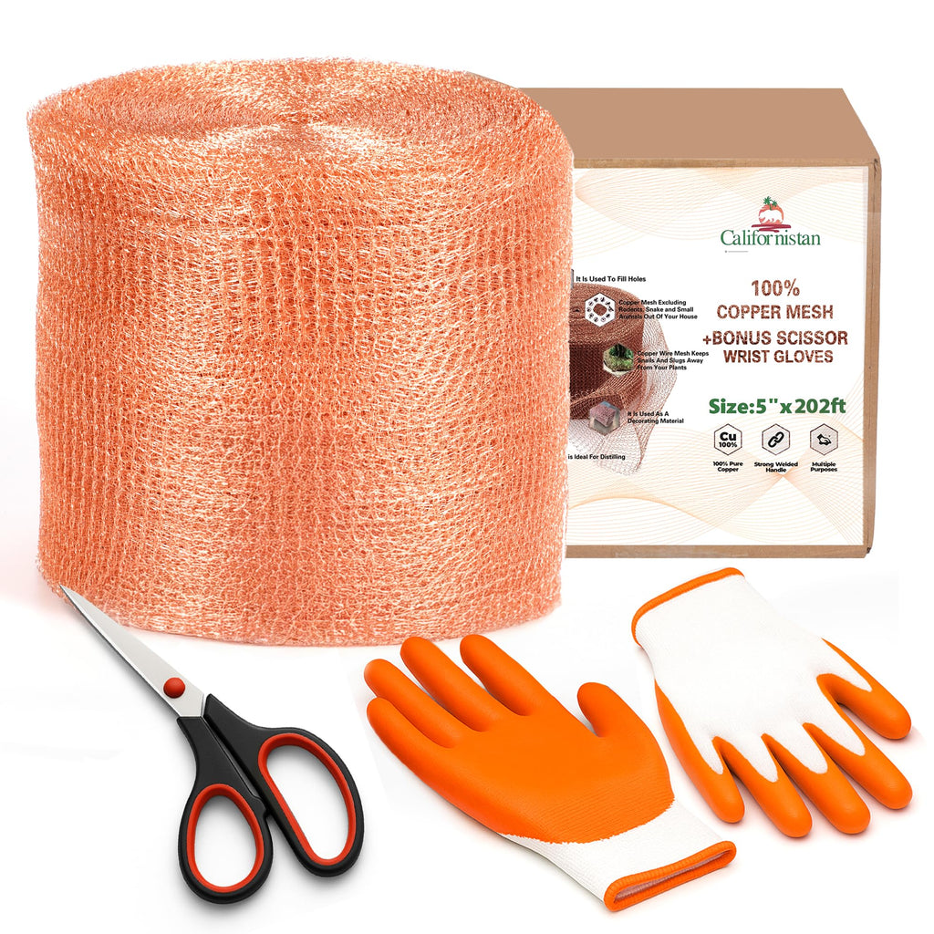 Copper Mesh Rodent Control Roll, 5 in x 202 ft, with Scissors and Gloves