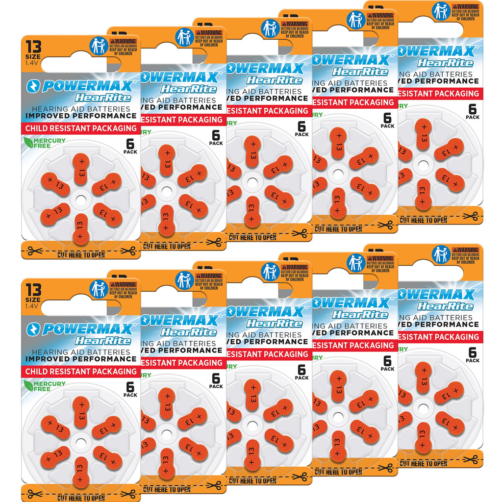 Powermax Size 13 Hearing Aid Batteries, 60 Count Long-Lasting Battery Pack, Orange Long Tab for Easy Change
