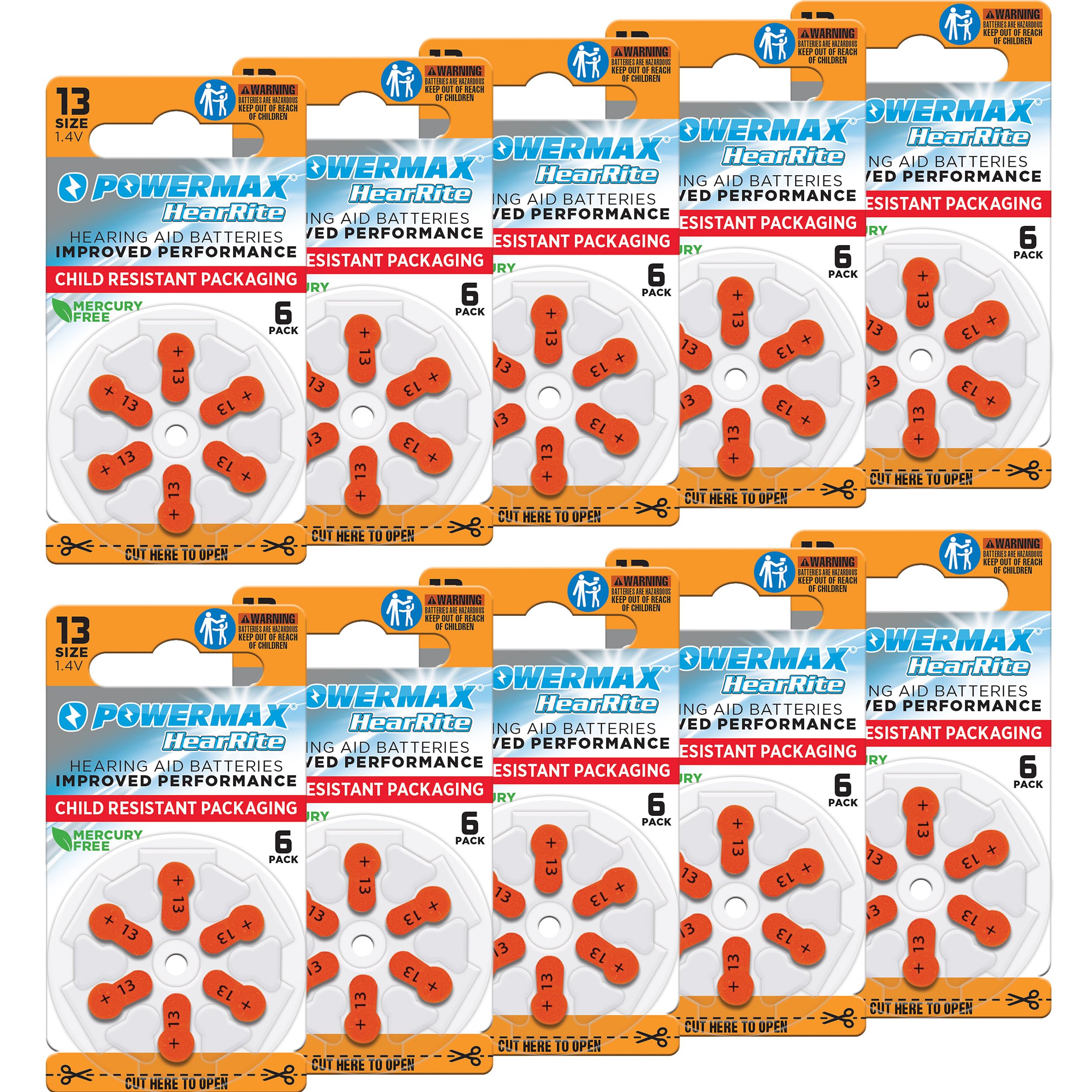 Powermax Size 13 Hearing Aid Batteries, 60 Count Long-Lasting Battery Pack, Orange Long Tab for Easy Change