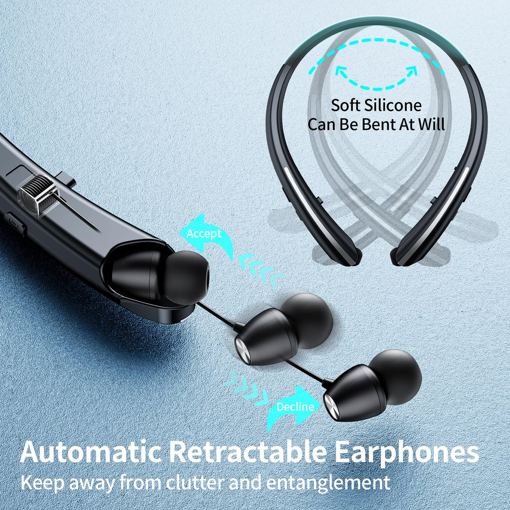 NVOPERANG Retractable Neckband Bluetooth Headphones, Wireless Stereo Earbuds with Mic, Bluetooth Headset Noise Cancelling, Vibration Alerts, IPX5 Sweatproof, Sports, Workouts & Driving (Black)