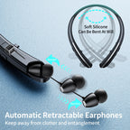 NVOPERANG Retractable Neckband Bluetooth Headphones, Wireless Stereo Earbuds with Mic, Bluetooth Headset Noise Cancelling, Vibration Alerts, IPX5 Sweatproof, Sports, Workouts & Driving (Black)