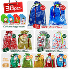 38PCS Christmas Drawstring Gift Bags Assorted Size Small Medium Large