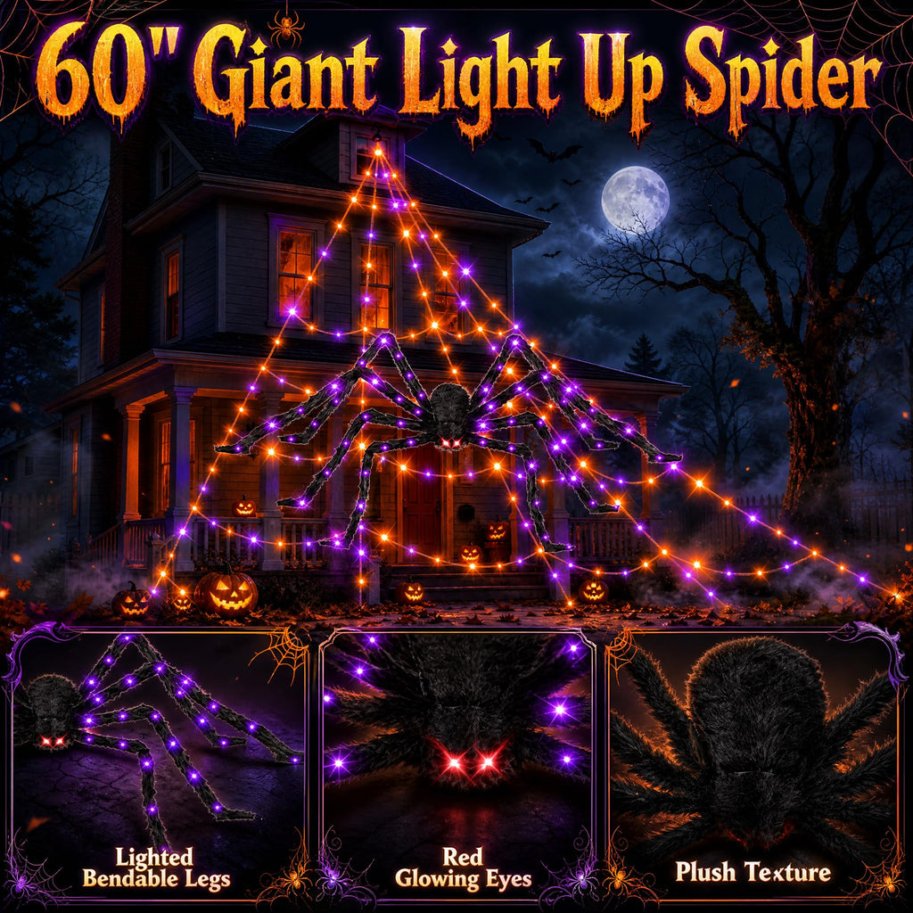 Halloween Decorations 16 Ft Spider Web Lights, Super-Realistic Giant Cobweb Indoor/Outdoor Purple Lights, Battery & 8 Modes Remote Control