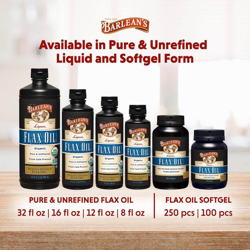 Barlean's Organic Lignan Omega 3 Flaxseed Oil Liquid Supplement for Men and Women, Cold Press Flax Seeds, 7230mg ALA Fatty Acid, Vegan and Gluten Free, 32 oz