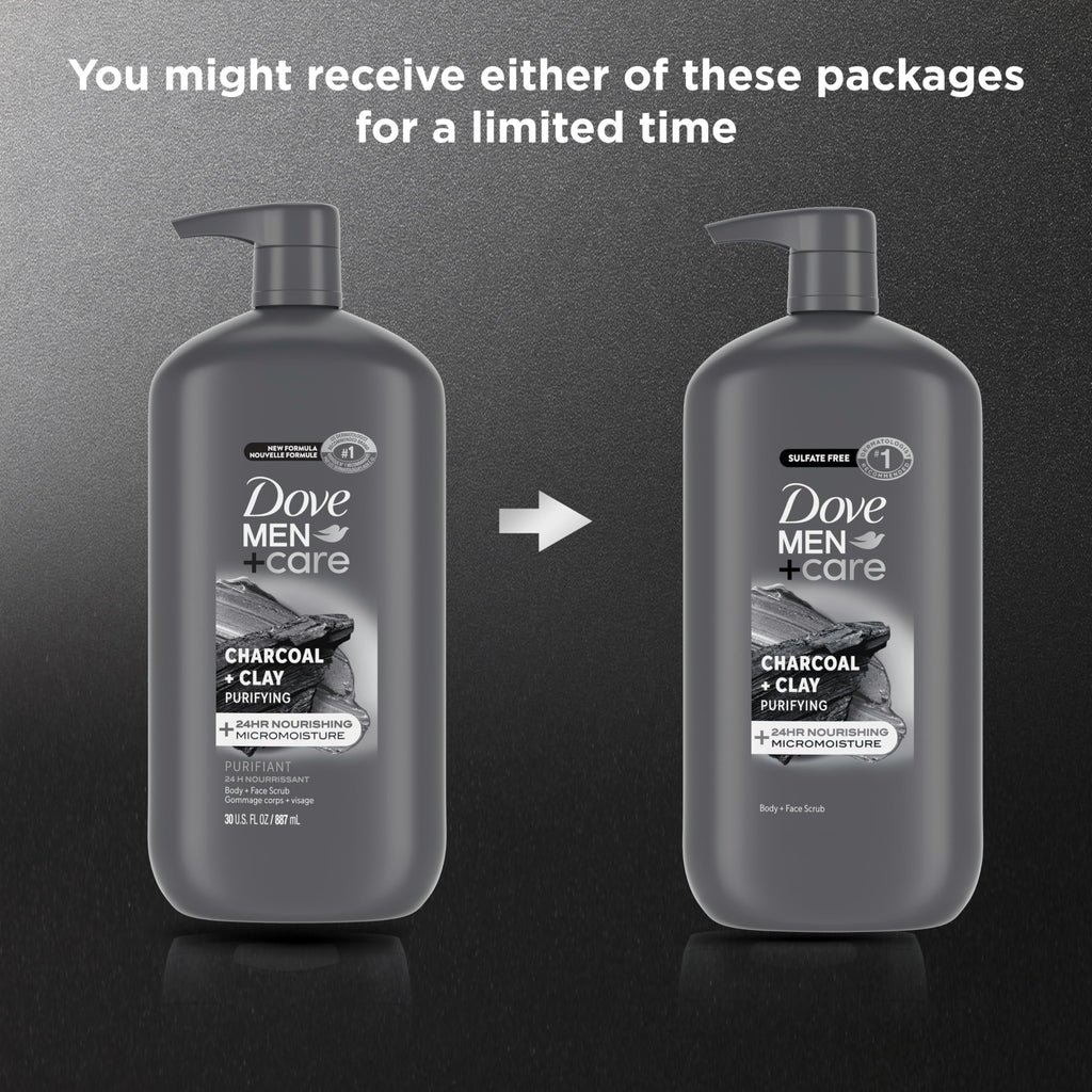 Dove Men+Care Purifying Body & Face Wash 3 Count Charcoal Clay with 24-Hour Nourishing Micromoisture Technology 30 oz