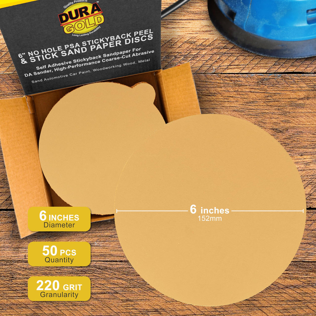 Dura-Gold Premium 6" Gold PSA Sanding Discs - 220 Grit, Box of 50 - Self Adhesive Stickyback Sandpaper for DA Sander, Finishing Coarse-Cut Abrasive - Sand Automotive Car Paint, Woodworking Wood, Metal