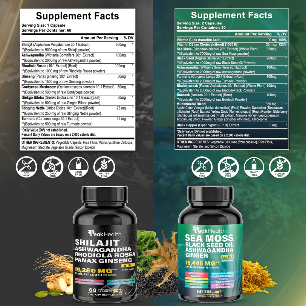 Peakhealth Shilajit Sea Moss Black Seed Oil Ashwagandha Capsules for Man Woman,2 Bottle Combo with Turmeric, Panax Ginseng, Rhodiola,19,445mg Herbal Formula,Energy & Immune Support, 60 Capsules