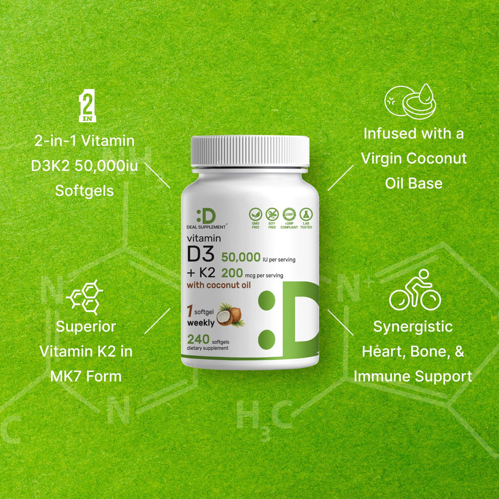 DEAL SUPPLEMENT Vitamin D3 50,000 IU + K2 MK7 200mcg Softgels, 240 Count | 2-in-1 Complex with Virgin Coconut Oil | Supports Heart, Bone, Teeth & Immune Health | Easy to Swallow