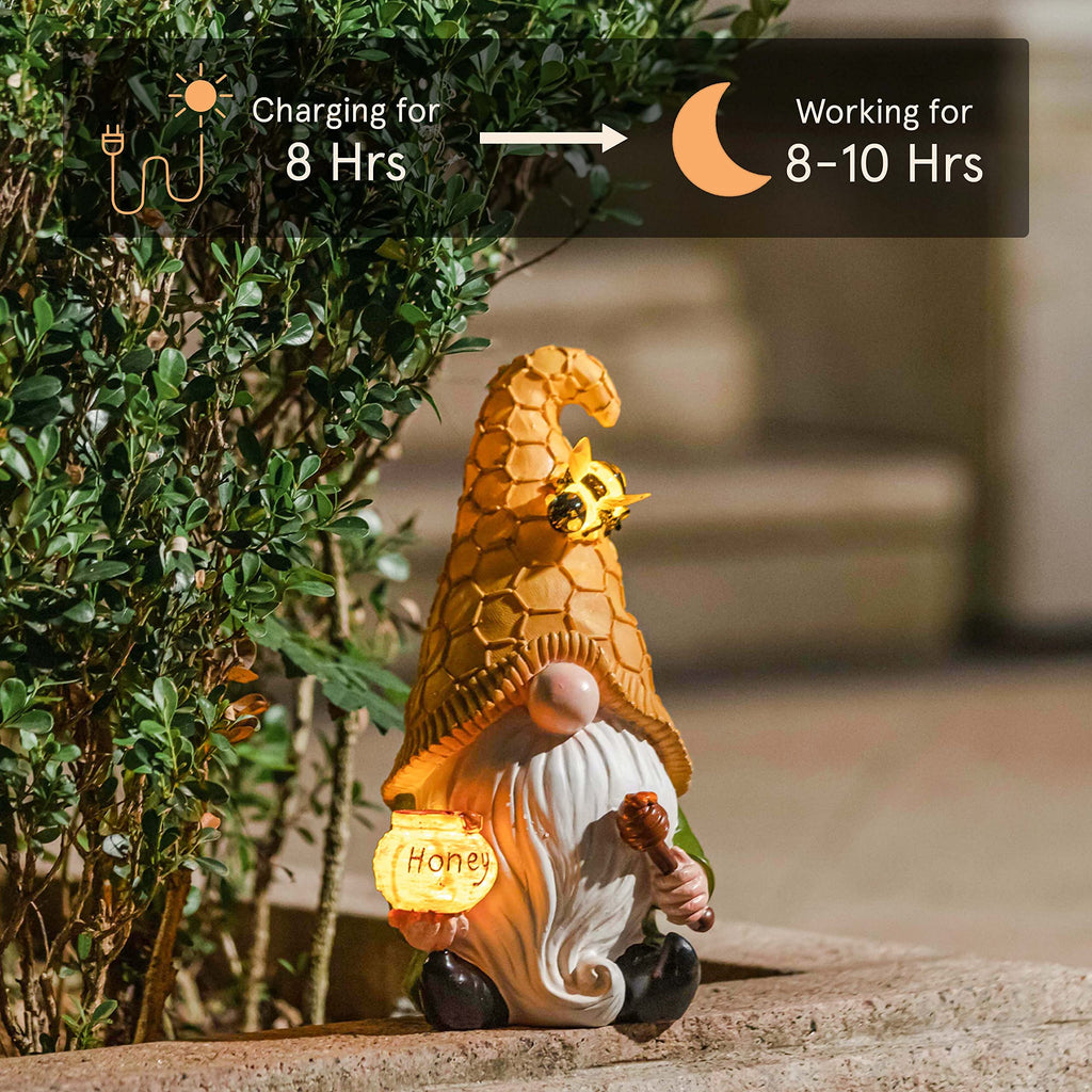 LA Jolie Muse 11.3'' Solar Gnomes Garden Statues-Resin Bee Garden Gnomes Figurine Holding Honey Jar with Solar Lights, Outdoor Gnomes Decorations for Yard Patio Lawn Porch, Garden Gifts for Mom