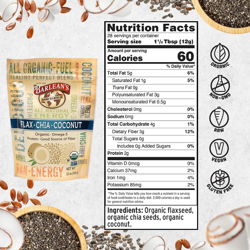 Barlean's Organic Flax Chia Coconut Seed Blend with 2,330 mg Omega 3 Fatty Acids, Fiber Supplement with Whole Chia Seeds and Ground Flaxseed, 12 oz, 2 Pack