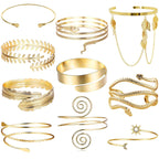 EIELO 10Pcs Arm Cuff Bracelets for Women Upper Arm Bands Snake Feather Armband Greek Goddess Filigree Swirl Boho Armlet Cuff Bangle Adjustable Golden Arm Bracelet Set
