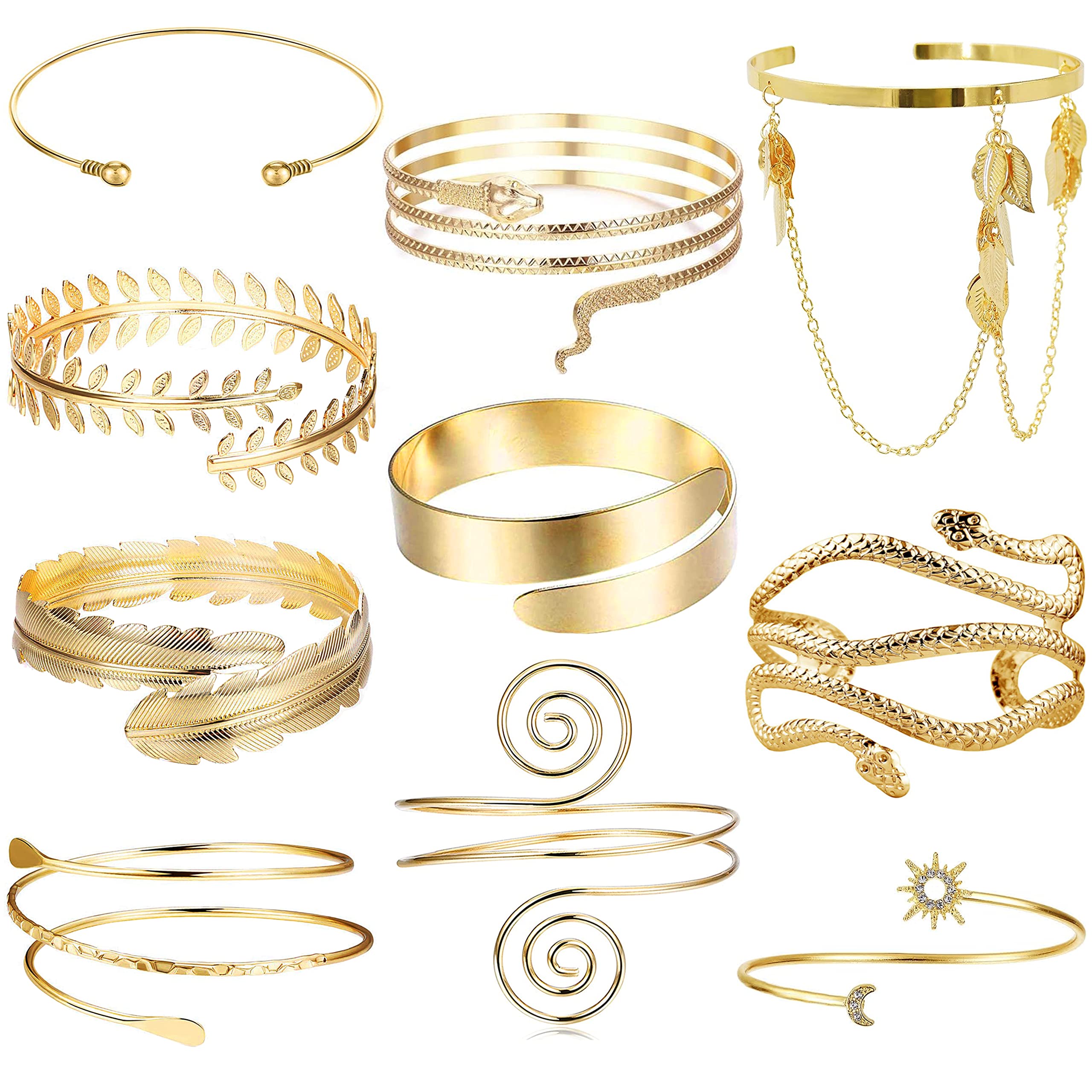 EIELO 10Pcs Arm Cuff Bracelets for Women Upper Arm Bands Snake Feather Armband Greek Goddess Filigree Swirl Boho Armlet Cuff Bangle Adjustable Golden Arm Bracelet Set