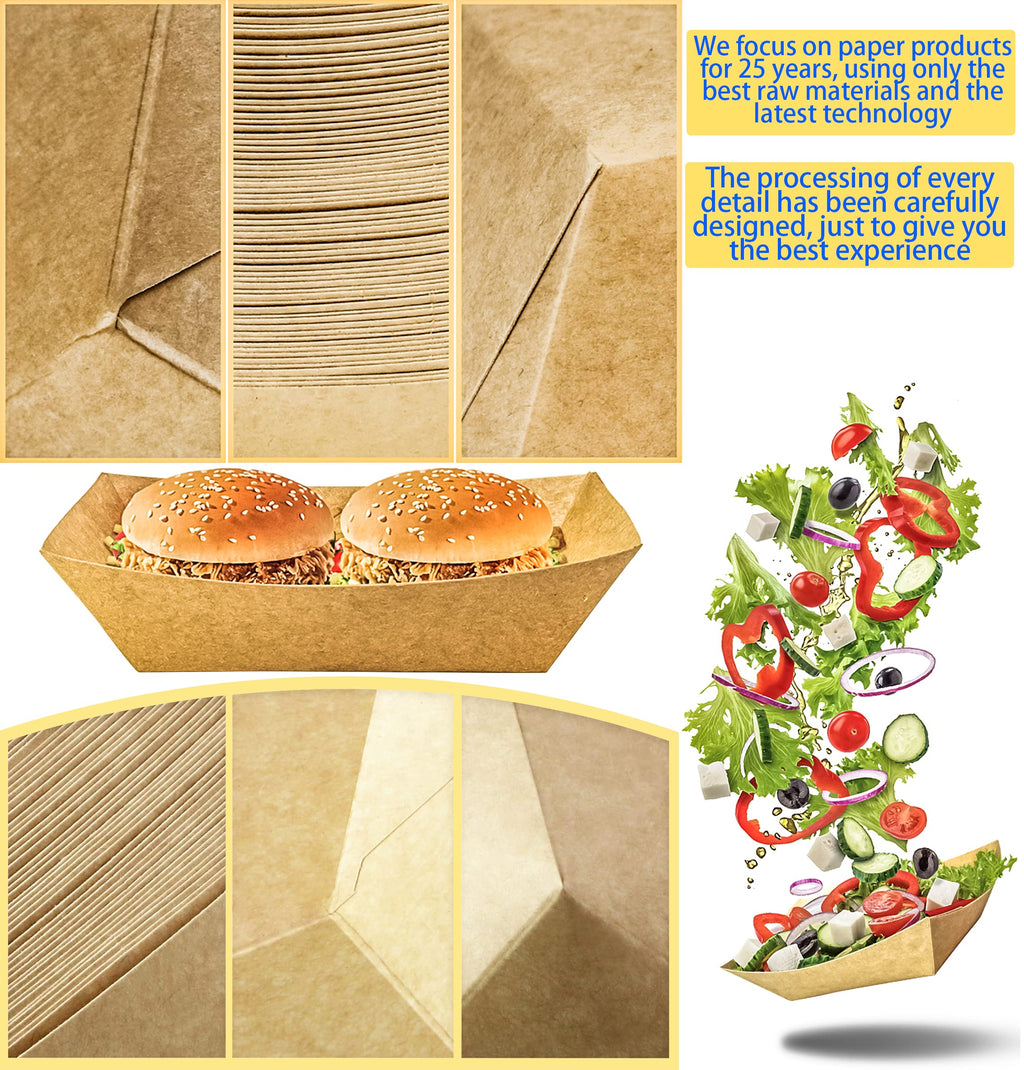MotBach 100 Pack 3lb Kraft Paper Food Trays, Heavy-Duty Paper Food Boat Disposable Serving Basket Tray for French Fries Nachos Snack Hot Dog Taco BBQ Popcorn Party Picnic Wedding Party (Brown)