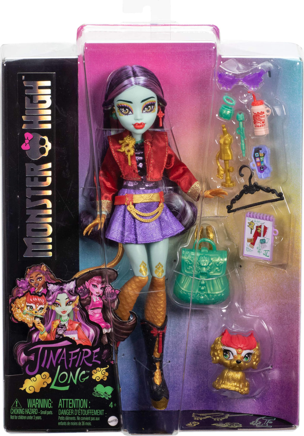 Monster High Jinafire Long Doll, Dragon with Pet Dog Cloudy “Yun Yun” and 7 Accessories Like Sketch Pad, Yogurt Drink, Backpack and More