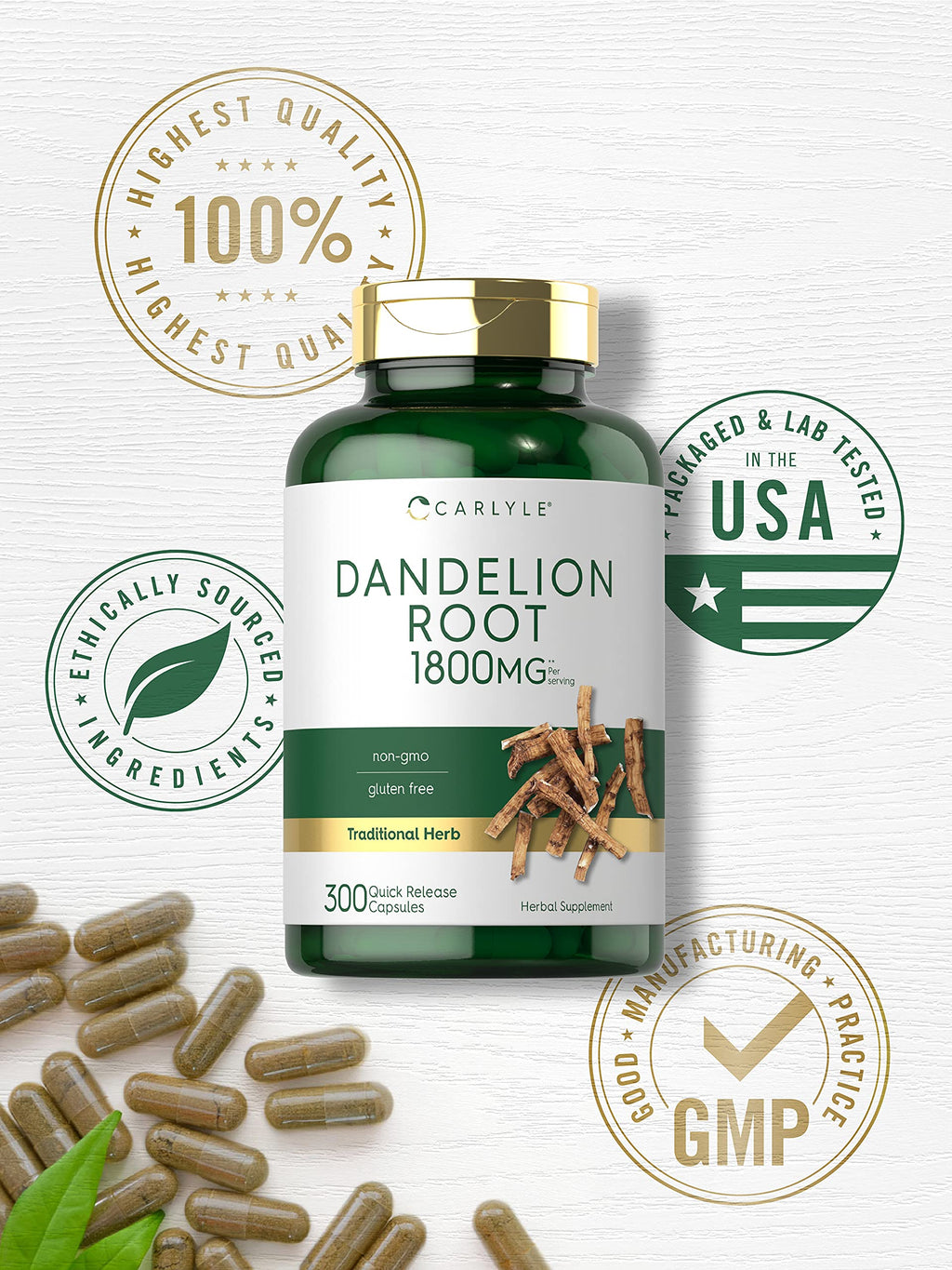 Carlyle Dandelion Root Extract | 300 Capsules | Herb Supplement | Taraxacum Officinale | Non-GMO and Gluten Free