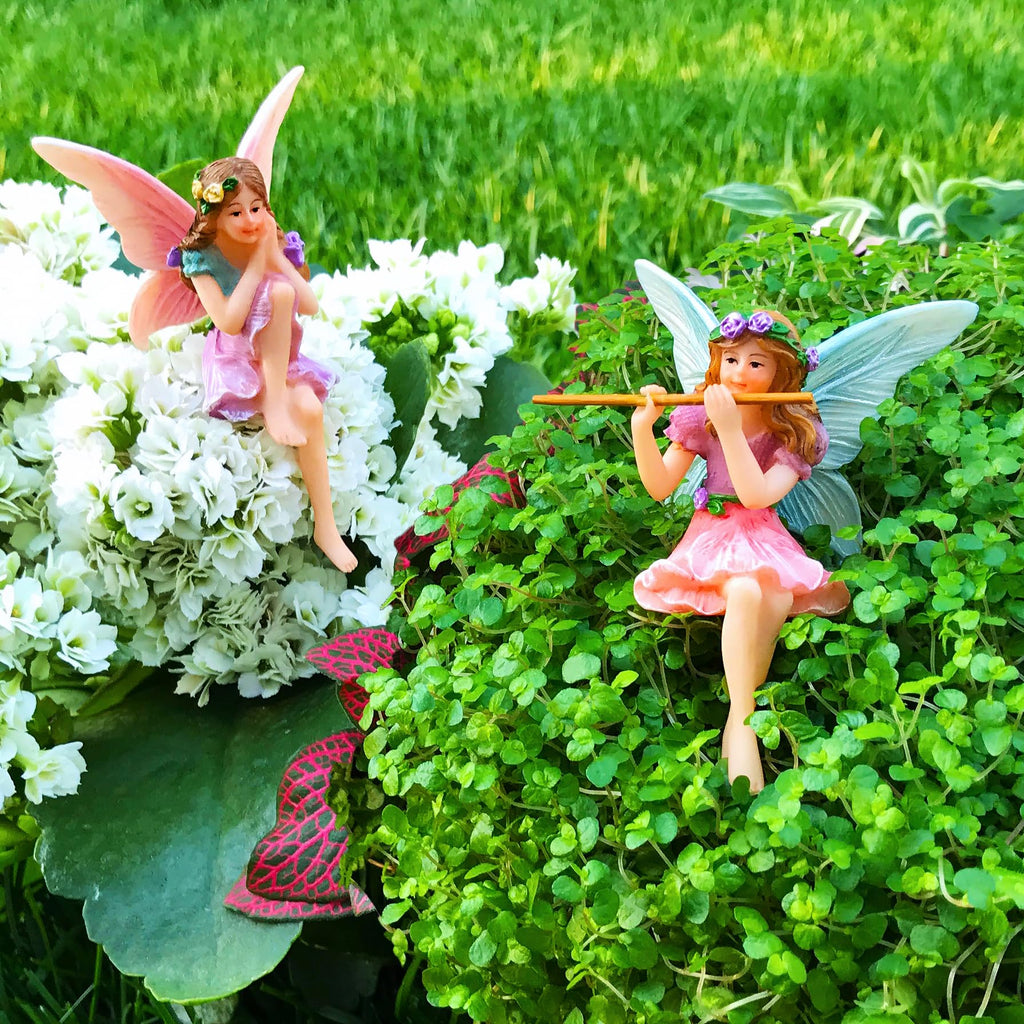 Mood Lab Fairy Garden Figurines - Sitting Fairies Set (2 pcs) - Miniature Decorative Statues - Outdoor Indoor Garden Decor