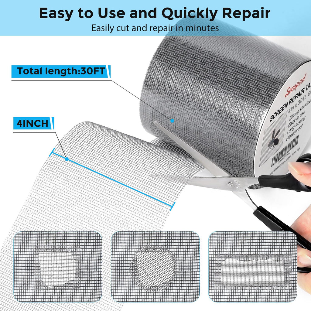 Secopad Grey Window Screen Repair Kit, 4 in X 30 FT (360IN) Screen Repair Tape for Windows or Doors, Strong Adhesive Fiberglass Mesh Patch Tape