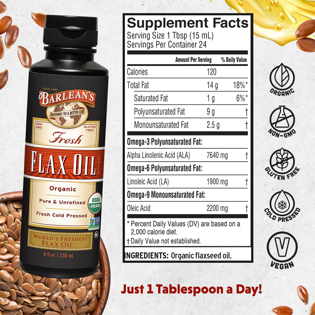 Barlean's Organic Flaxseed Oil Liquid from Fresh Cold Pressed Flax Seeds, 7,640mg ALA Omega 3 Fatty Acid Supplement for Healthy Hair, Skin, and Eyes, Vegan and Gluten Free, 12 oz