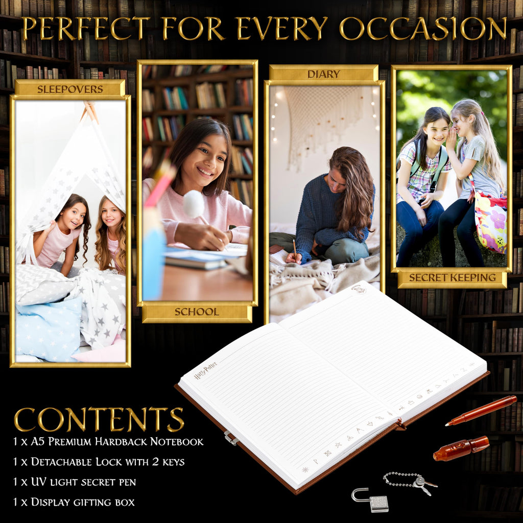 Harry Potter Lockable Diary with UV Invisible Ink Pen for Kids, Teens, Secret Journal with Key, Lined Pages, Stationery Supplies, Gifts for Kids (Brown UV Pen)