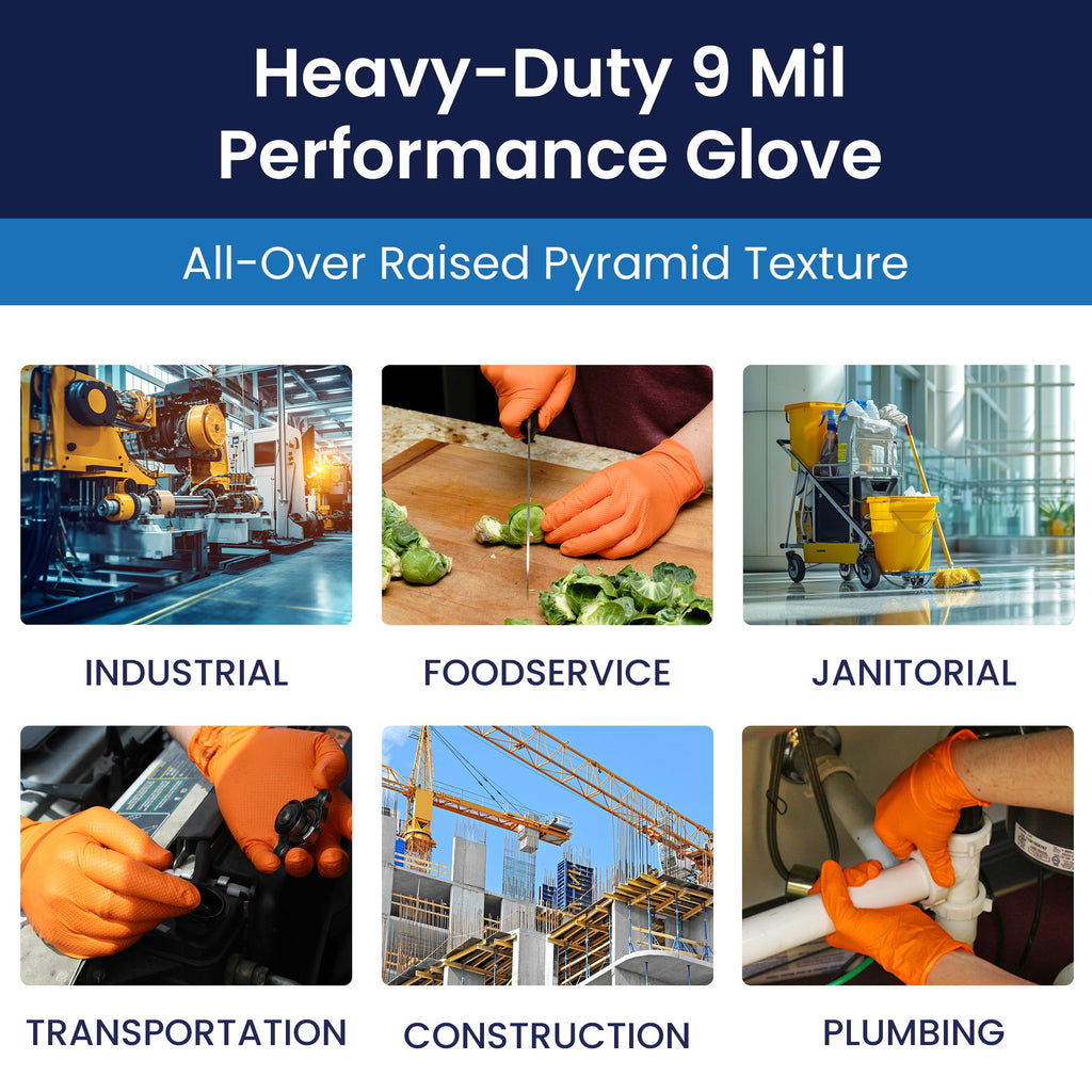 Adenna ProWorks CATCH Disposable Nitrile Gloves – 9 Mil, Heavy Duty Work Rubber Glove with Raised Pyramid Grip, Non–Latex & Powder Free, Case of 1000, Medium, Orange