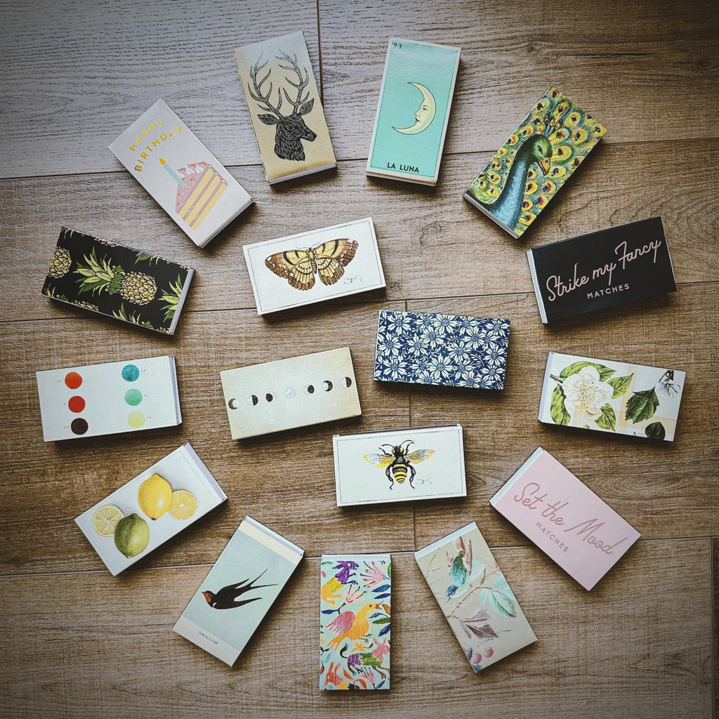 4" White Matches + 2 Boxes of HomArt Drawn Trees Designer Matchboxes + Extra Striker Stickers Included | 100 Classic White Tip Safety Matches with Decorative Matchboxes | Gifts by Thankful Greetings