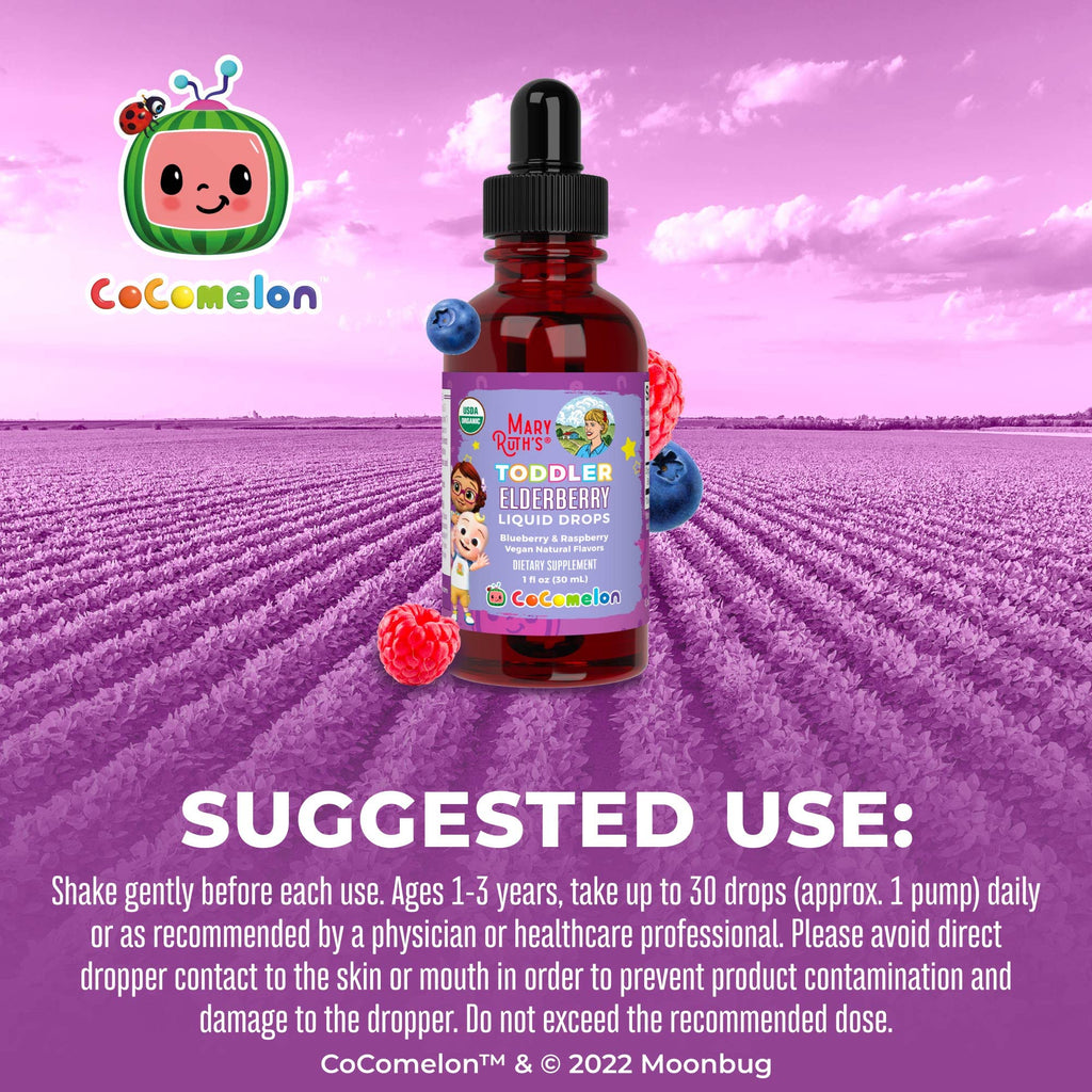 MARYRUTH'S Cocomelon Toddler Elderberry Syrup, USDA Organic Elderberry, Sugar Free Kids Immune Support Supplement for Ages 1-3 Years, Clean Label Project Verified®, Vegan, Gluten Free, 1 Fl Oz