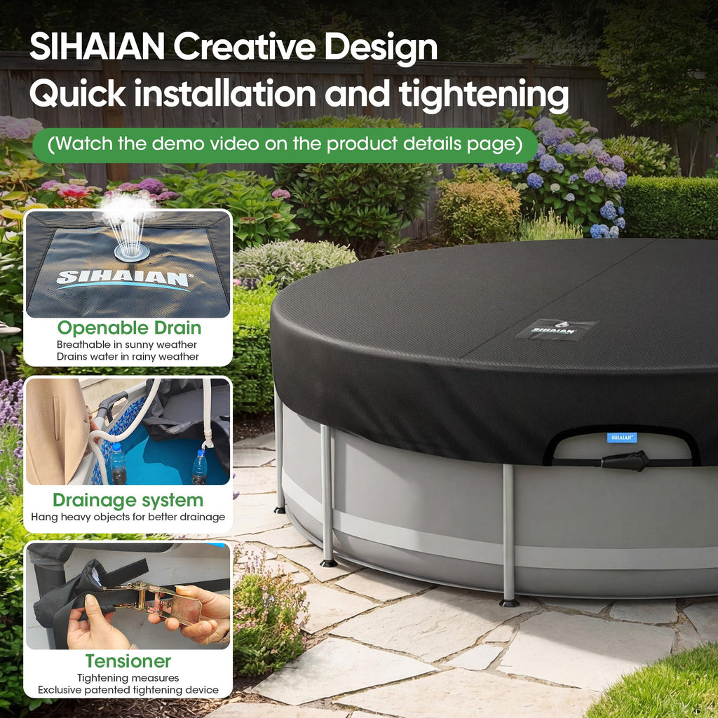SIHAIAN 8 Ft Round Pool Cover, with Automatic Drain Stock Tank Pool Cover, Patented One-Piece Tensioning System Above Ground Pool Cover, Preventing Waterlogging, Yarn-Dyed Oxford Fabric Solar Cover