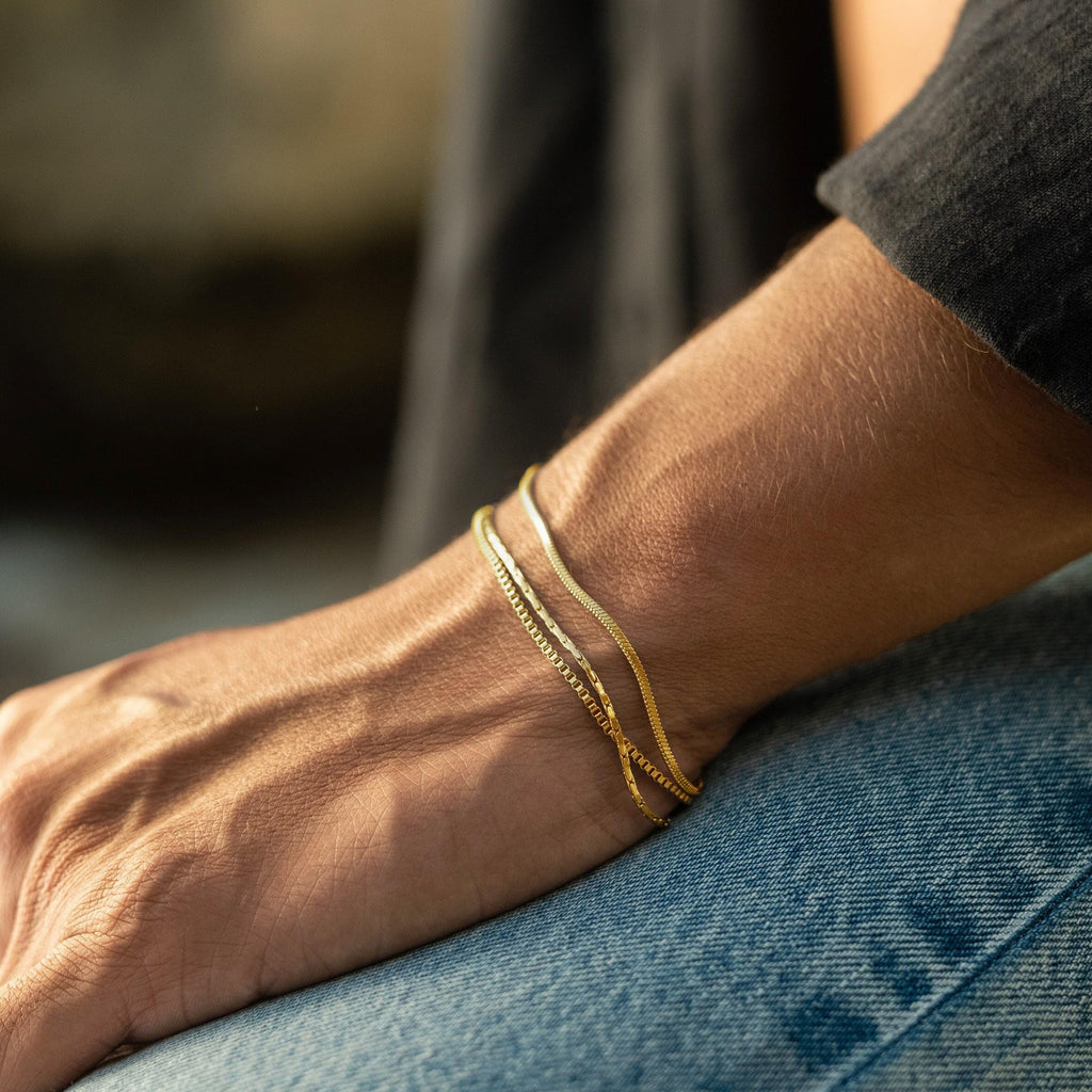 Gold Chain Bracelet for Women Men Trendy - 14K Gold Plated Bracelet Dainty Gold Snake Link Bracelet Stack Simple Jewelry Chain Set Adjustable Bracelet Accessories for Dad Husband 3 Pcs