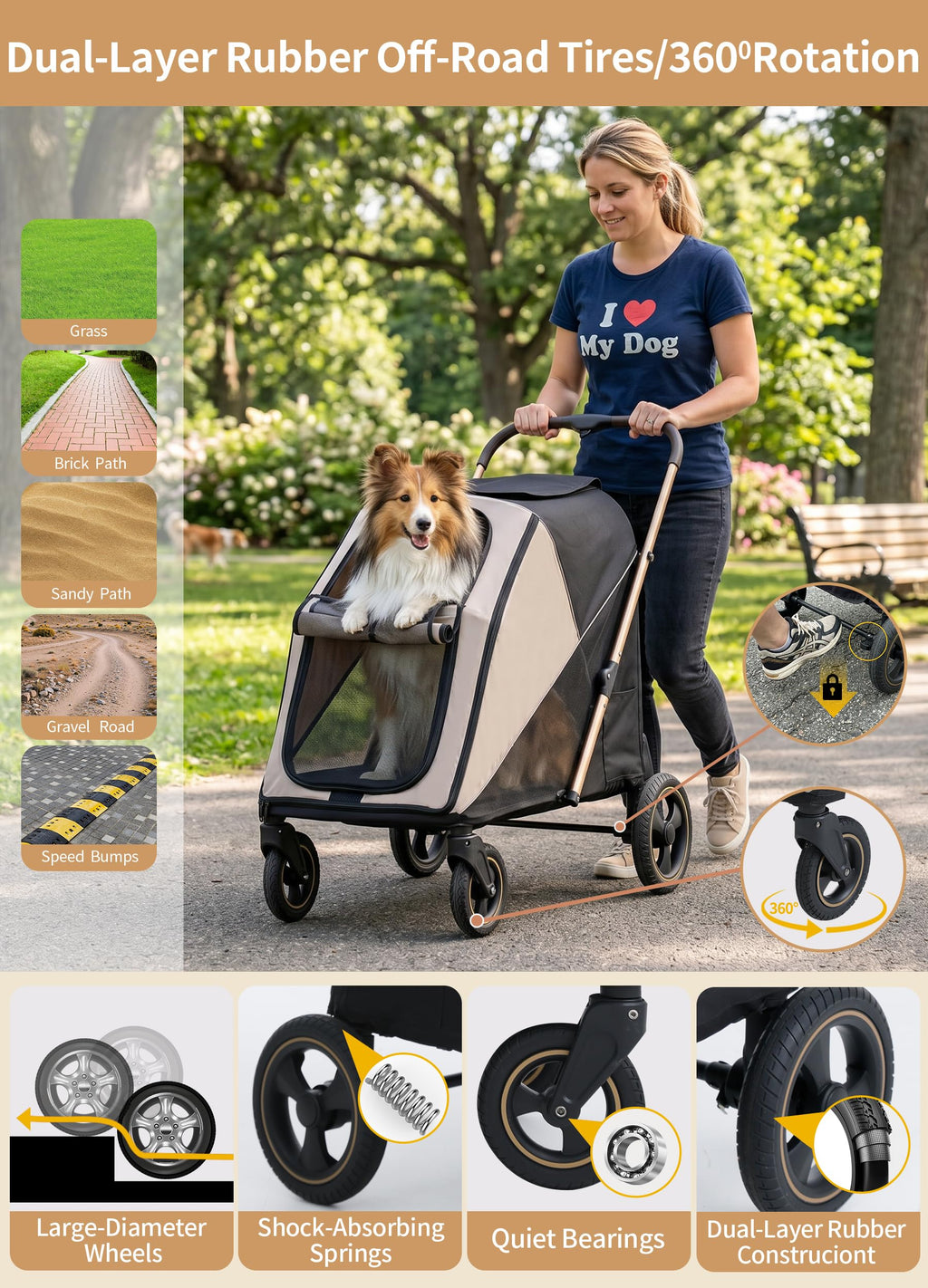 Dog Stroller for Large & Medium Dogs, One-Click Folding 4 Wheel Pet Stroller for Large Dogs up to 80lbs, Easy Fold Dual Entry with One-Foot Brake, Reflective Tape Design with Breathable mesh