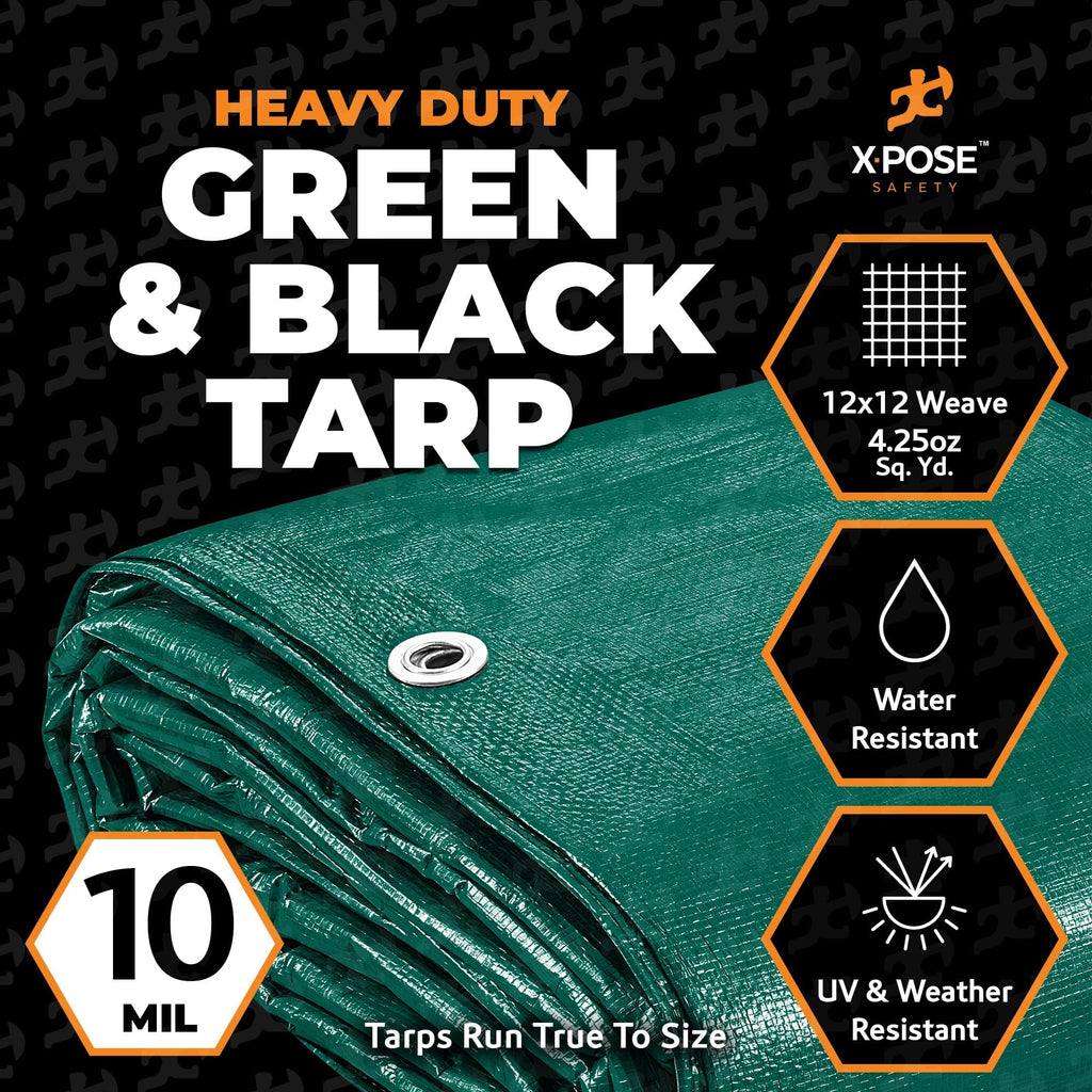 Heavy Duty Poly Tarp - 16' x 20' (4-Pack) - 10 Mil Thick Waterproof, UV Blocking Protective Cover - Reversible Green and Black - Laminated Coating - Grommets - by Xpose Safety