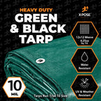 Heavy Duty Poly Tarp - 16' x 20' (4-Pack) - 10 Mil Thick Waterproof, UV Blocking Protective Cover - Reversible Green and Black - Laminated Coating - Grommets - by Xpose Safety