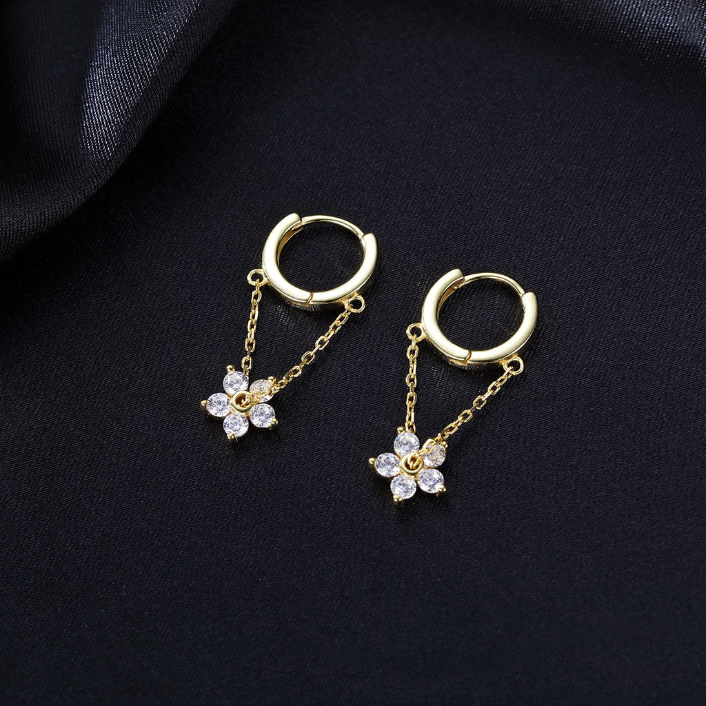 Reffeer 925 Sterling Silver Flower Chain Drop Earrings Hoop for Women Teen Girls Huggie Hoop Dangle Earrings Chain (B-Gold)