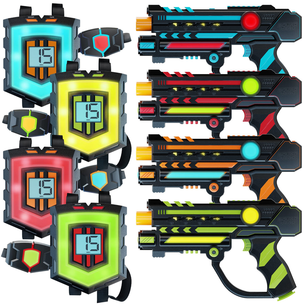 Squad Hero Rechargeable Laser Tag 360° Sensors + LCDs - Set of 4 - Easter Gift Ideas for Kids Teens and Adults Boys & Girls Family Fun - Cool Teenage Lazer Group Activity, Teen Gifts Ages 8+ Year Old