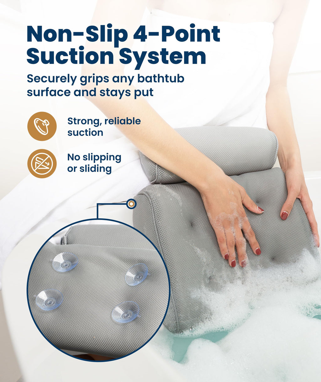 Everlasting Comfort Luxury Bath Pillows for Tub with Head and Neck Support - Non-Slip Bathtub Pillow with Suction Cups, Quick-Drying Mesh & Drying Hook - Jacuzzi & Spa Accessories for Women - Gray