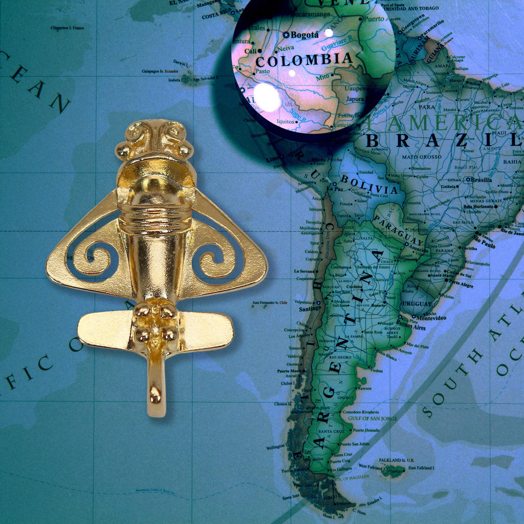 Real Metal Quimbaya Flyer Pin Real 24K GP Pre-Colombian Ancient Alien Artifact Lapel, Hat, Jacket or Backpack Pin