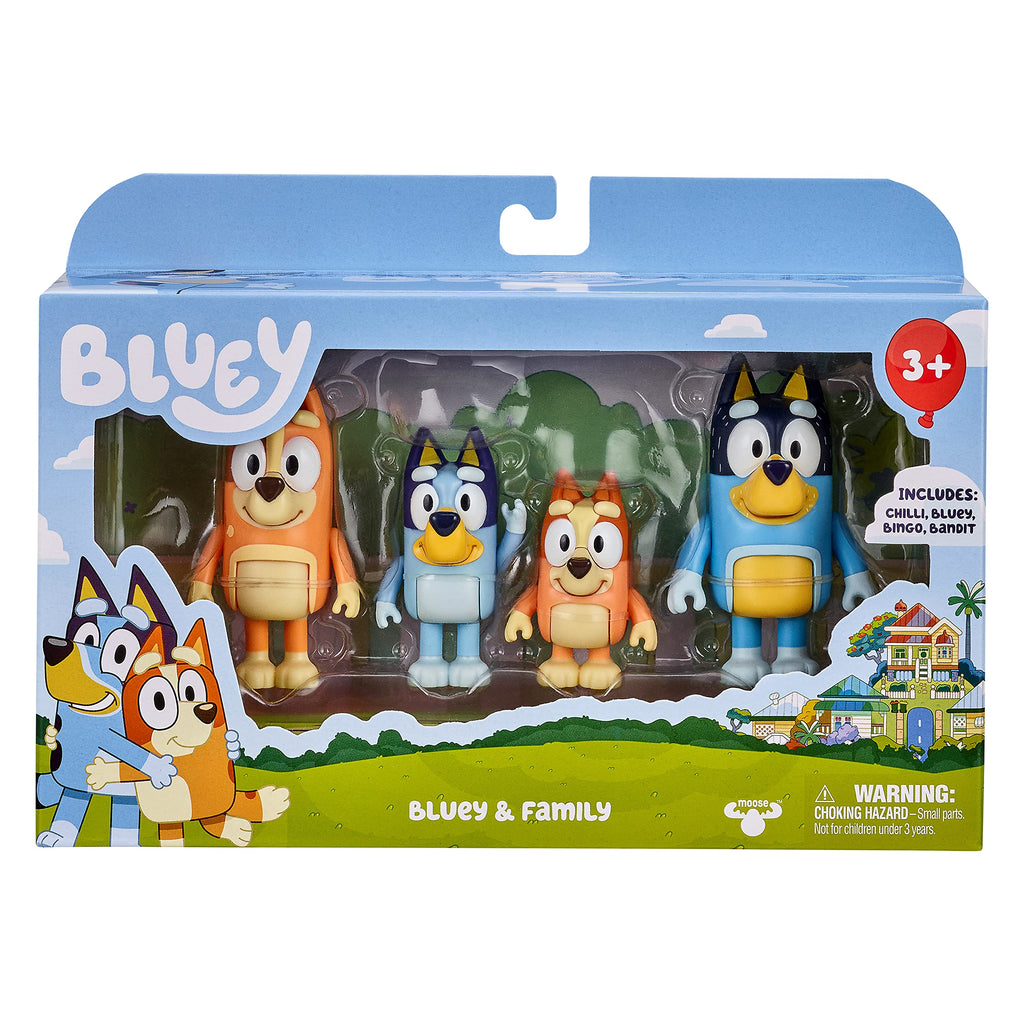 Bluey Family Figure 4-Pack – Includes, Bingo, Mum (Chilli) & Dad (Bandit), Poseable Collectible Toys for Kids, Durable Cake Toppers, for Toddlers & Fans, Ages 3+