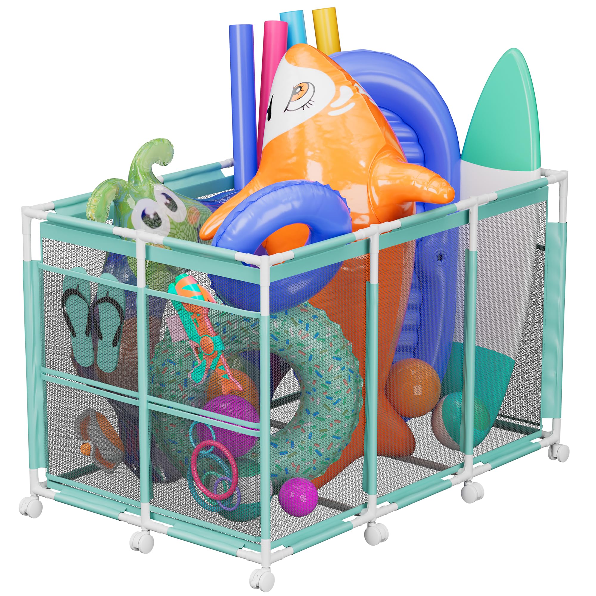 POOLHOUR Pool Float Storage – Outdoor Pool Toy Storage Organizer for Pool Noodles, Toys, Floats, Balls, and Equipment, Mesh Rolling Storage Organizer Bin, Cyan
