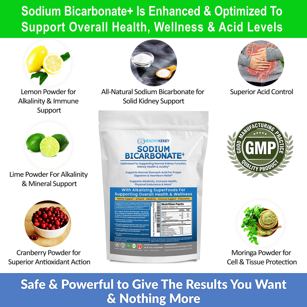 Organic Use Sodium Bicarbonate Alkaline Supplement for Alkalinity. Support Kidneys & Stomach Acid Neutralizer w/Alkaline Superfoods. Sodium Bicarbonate Powder Kidney Immune Support Antacid Sports 1LB