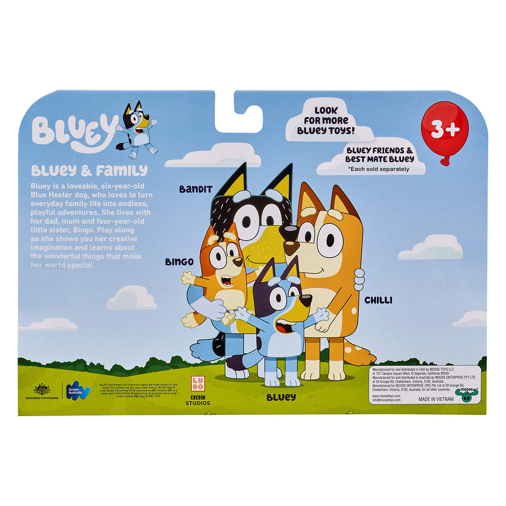 Bluey Family Figure 4-Pack – Includes, Bingo, Mum (Chilli) & Dad (Bandit), Poseable Collectible Toys for Kids, Durable Cake Toppers, for Toddlers & Fans, Ages 3+